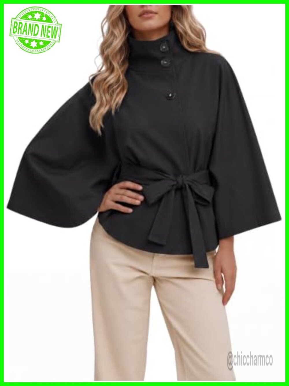 Women's Cropped Trench Coat Cape Sleeve Stand Collar Belted Jacket